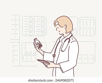 A female doctor holds pills in his hand. Hand drawn style vector design illustrations.