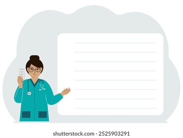A female doctor holds pills in his hand. There is space for text next to it. Vector flat illustration.