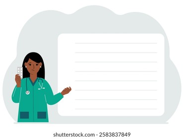 A female doctor holds pills in his hand. There is space for text next to it.