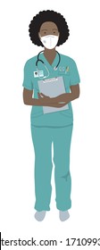 Female Doctor, Hospital Nurse Or Intern Standing In Medical Uniform, Protection Mask, With Stethoscope, Clipboard, Badge.  Confident Healthcare Professional Young African Woman At Job. Isolated Vector