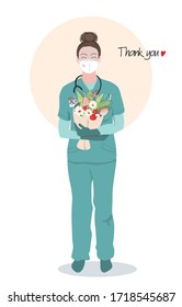 Female doctor, hospital nurse or intern standing in medical scrubs, uniform, protection mask, with stethoscope, badge, flowers.  Healthcare professional young  woman. Thank you note. Isolated vector.