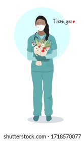 Female doctor, hospital nurse or intern standing in medical scrubs, uniform, protection mask, with stethoscope, badge, flowers.  Healthcare professional indian woman. Thank you note. Isolated vector.