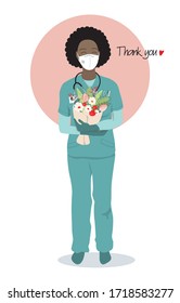 Female doctor, hospital nurse, intern standing in medical scrubs, uniform, protection face mask, stethoscope, flowers. Healthcare professional african american woman. Thank you note. Isolated vector.