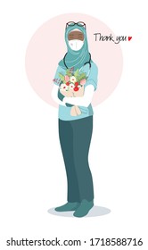 Female Doctor, Hospital Nurse, Intern Standing In Medical Scrubs, Uniform, Protection Face Mask, Stethoscope, Flowers. Healthcare Professional Arabian Muslim Woman. Thank You Note. Isolated Vector.