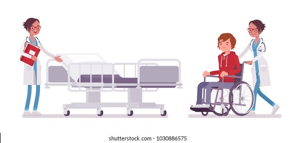 Female doctor and hospitalized patient. Woman in hospital uniform admitting wheelchair man in clinic. Medicine and healthcare concept. Vector flat style cartoon illustration isolated, white background