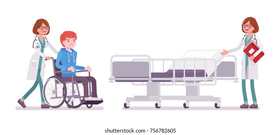 Female doctor and hospitalized patient. Woman in hospital uniform admitting wheelchair man in clinic. Medicine and healthcare concept. Vector flat style cartoon illustration isolated, white background