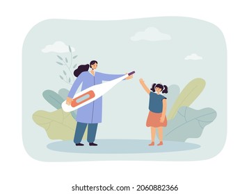 Female doctor with huge thermometer next to happy girl. Medical professional or pediatrician taking temperature of child flat vector illustration. Health, medicine, pediatrics concept for banner