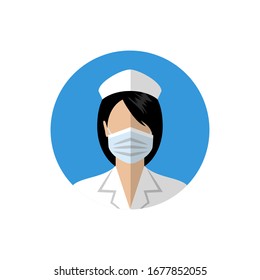 Female doctor icon. Nurse wearing a medical mask. Medical avatar. Flat style vector illustration