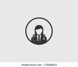 Female Doctor Icon with round shape on gray Background.