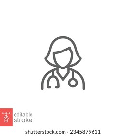 Female doctor icon. Simple outline style. Doctor with stethoscope, woman, medic, healthcare medical concept. Thin line symbol. Vector illustration isolated on white background. Editable stroke EPS 10.