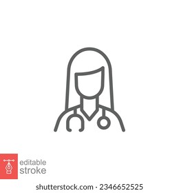 Female doctor icon. Simple outline style. Doctor with stethoscope, woman, medic, healthcare medical concept. Thin line symbol. Vector illustration isolated on white background. Editable stroke EPS 10.