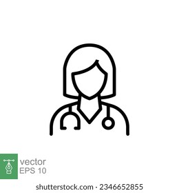 Female doctor icon. Simple outline style. Doctor with stethoscope, woman, medic, healthcare, medical concept. Thin line symbol. Vector illustration isolated on white background. EPS 10.