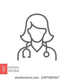 Female doctor icon. Simple outline style. Doctor with stethoscope, woman, medic, healthcare medical concept. Thin line symbol. Vector illustration isolated on white background. Editable stroke EPS 10.