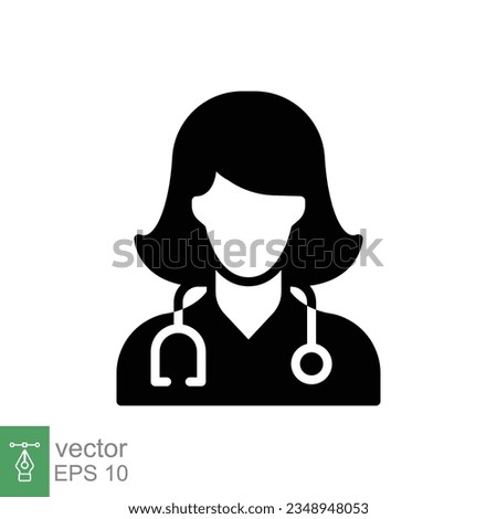Female doctor icon. Simple solid style. Doctor with stethoscope, woman, medic, healthcare, medical concept. Black silhouette, glyph symbol. Vector illustration isolated on white background. EPS 10.