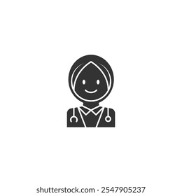 A female doctor icon wearing stethoscopes on white background. Silhouette medical concept.