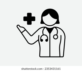 Female Doctor Icon Woman Lady Girl Nurse Healthcare Worker Physician Medic Medical Officer Specialist Black White Outline Clipart Vector Sign Symbol