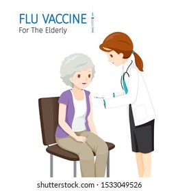 Female Doctor Injecting Flu Vaccine For The Elderly, Influenza, Injection, Vaccination, Immunity, Protection, Prevention, Healthy