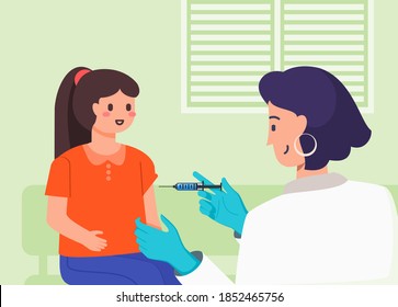 Female Doctor Injecting Vaccine to a Cute Kid in Clinic, Hospital or Public Medical Service. Children Vaccination for Herd Immunity Concept. Flat Vector Cartoon Design. Healthcare & Illness Prevention