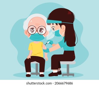 Female doctor injecting vaccine to grandfather healthcare and medical concept drawn cartoon art illustration
