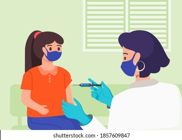 Female Doctor Injecting Vaccine to a Kid with Face Mask in Clinic, Hospital or Public Medical Service. Children Vaccination for Herd Immunity Concept. Healthcare Flat Vector Cartoon Design. 