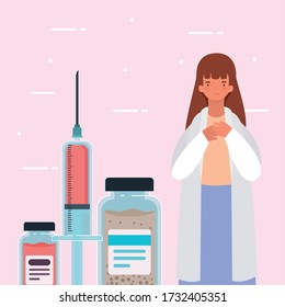 Female doctor with injection and medicine jars design of Medical care health and emergency theme Vector illustration