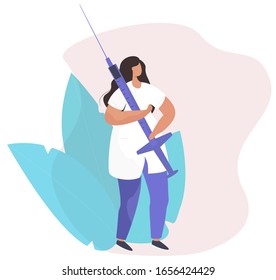 Female Doctor with Injection. Doctor woman in Medical Gown ist holding syringe in the hospital. Medical Aid. Social Worker Care. Flat Vector Illustration