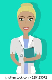 Female Doctor in a Lab Coat with a folder of documents in hand. Vector illustration