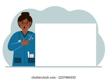 A female doctor in a lab coat is holding a large piece of paper. The doctor points to a blank sheet of paper to write your personal message or advice. Vector flat illustration