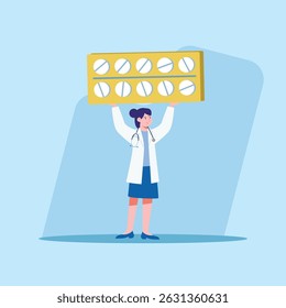 Female doctor in a lab coat holds a blister pack of pills over her head in a flat illustration ideal for medical or pharmaceutical content.