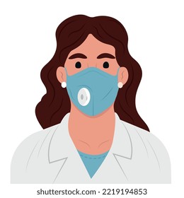 Female doctor in lab coat, mask. Flat vector illustration