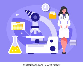 Female doctor with a large microscope. Medical specialist. Microscope in a lab. Scientific and medical research concept. Vector graphics