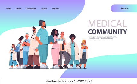 Female Doctor Leader Standing In Front Of Mix Race Professionals Team In Uniform Medical Community Concept Horizontal Full Length Copy Space Vector Illustration