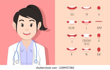 female doctor lip sync. Lip sync collection for animation. male mouth animation. Phoneme mouth chart. Alphabet pronunciation. Vector illustration.