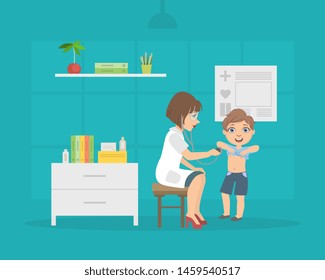 Female Doctor Listening to Chest of Boy with Stethoscope, Pediatrician Consulting Patient in Medical Office Vector Illustration
