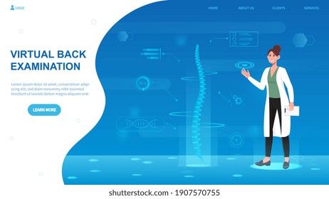 Female doctor is looking at human virtual reality spine. Female scientist uses augmented reality to examine human spine. Website, web page, landing page template. Flat cartoon vector illustration