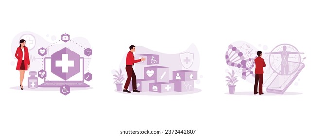 Female doctor looking at medical network icon connection. The doctor arranges wooden blocks with medical icons. Virtual digital health services. Medical concept. Set Trend Modern vector flat illustrat
