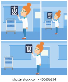 Female doctor looking at a skeleton radiograph in the medical office. Vector flat design Illustration. Square, horizontal, vertical layouts.