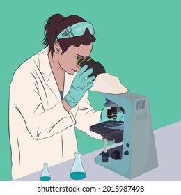 Female doctor looking through the microscope. Vector of scientist examining sample.