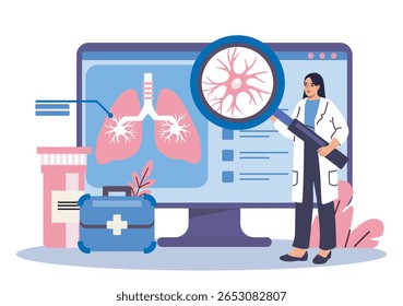 Médica com lupa examinando os pulmões na tela do computador, estilo de desenho animado plano, fundo branco. Conceito de diagnóstico de saúde do sistema respiratório. Ilustração vetorial