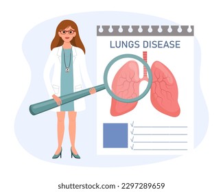 A female doctor with a magnifying glass examines the disease of the lungs, the respiratory system. The concept of science and medicine. Vector