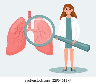 Female doctor with a magnifying glass and human lungs. Medical diagnosis of the human respiratory system, healthcare concept. Illustration, vector