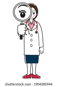 Female doctor with magnifying glass A simple line art illustration of a female doctor, full-body white coat skirt