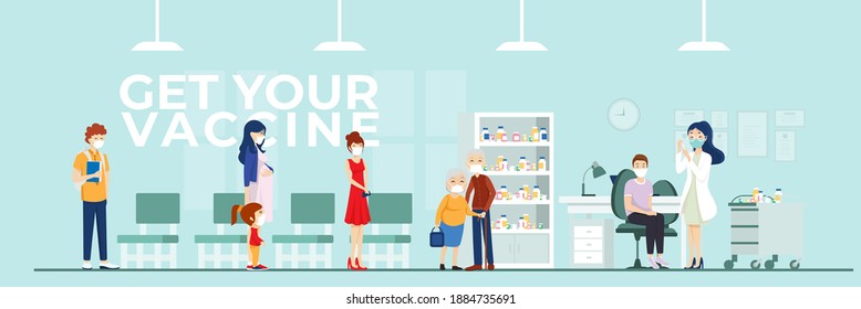 Female doctor makes injection of flu vaccine to patient man in hospital. People vaccination for immunity health. Various people in queue. Clinic room interior with furniture. Flat vector illustration