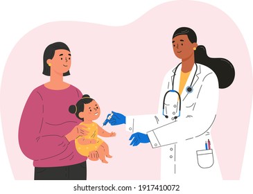 Female Doctor Makes A Vaccine To A Child. Concept Illustration For Immunity Health. Woman With Baby In Hospital. Doctor In A Medical Gown And Gloves. Flat Illustration Isolated On White Background. 