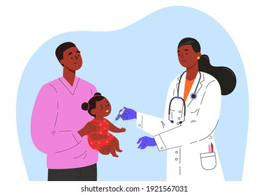 Female Doctor Makes A Vaccine To A Child. Concept Illustration For Immunity Health. Man With Baby In Hospital. Doctor In A Medical Gown And Gloves. Flat Illustration Isolated On White Background. 