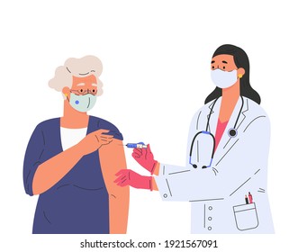 A female doctor makes a vaccine to old patient. Concept illustration for immunity health. Covid vaccine. Doctor in gloves and protective mask. Flat illustration isolated on white background. 