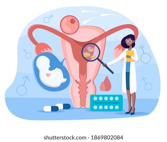 Female Doctor Making Uterus Examination. Abstract Concept Of Gynecology And Female Health. Woman Using Magnifier To Check Uterus. Flat Cartoon Vector Illustration