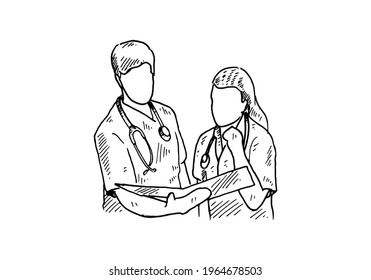 a female doctor and a male doctor looking at the patient's medical history on a medical record. vector draw graphic design illustration sketch 