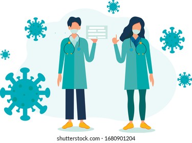Female doctor, male doctor in a medical mask. Concept of a coronavirus outbreak. Vector illustrations in flat style. Preventive infographics.2019-nov covid-19 protection from the virus. Coronavirus wa