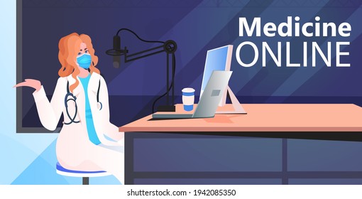 female doctor in mask giving online speech coronavirus pandemic fight against covid-19 concept